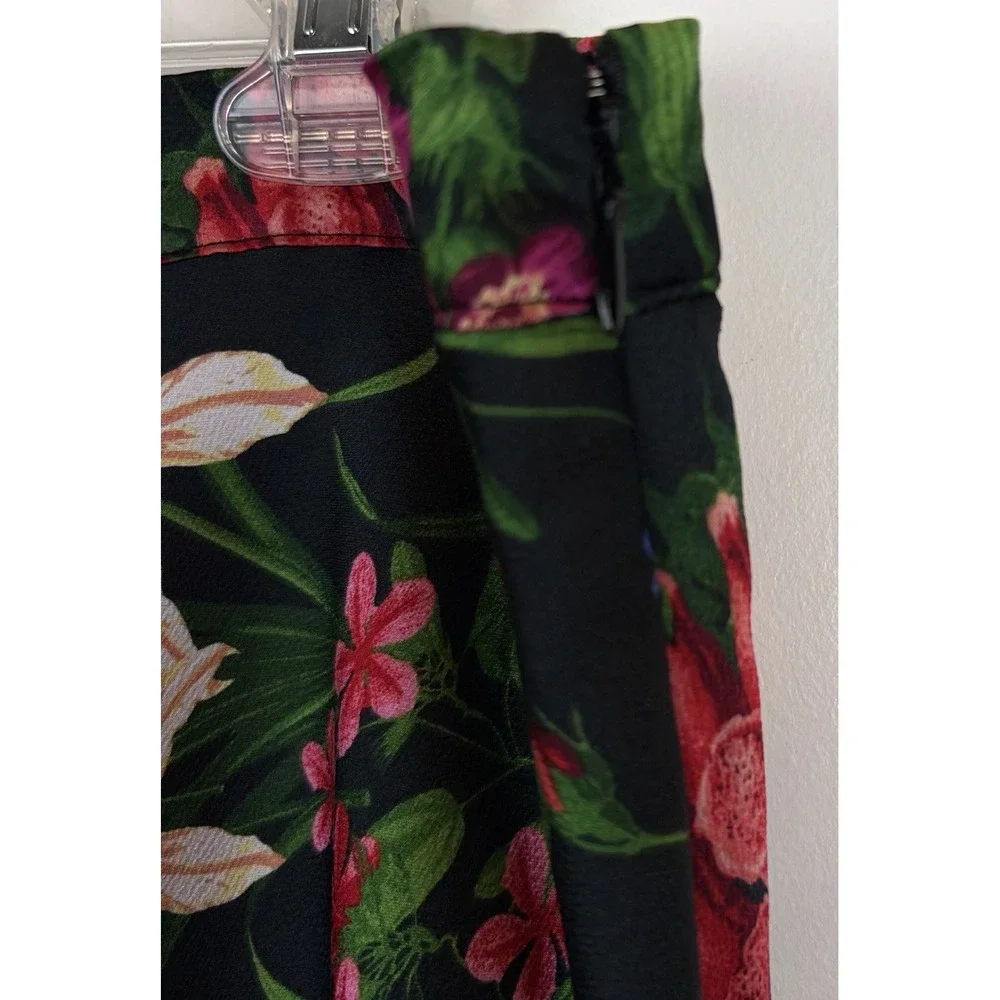 Liz Claiborne Career Floral Skirt Womens 16 Black A Line Midi Crepe Lined Career